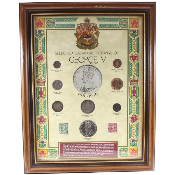 Selected Canadian Coinage of King George V 8-Coin Set w/ 2 Stamps in Wooden Frame