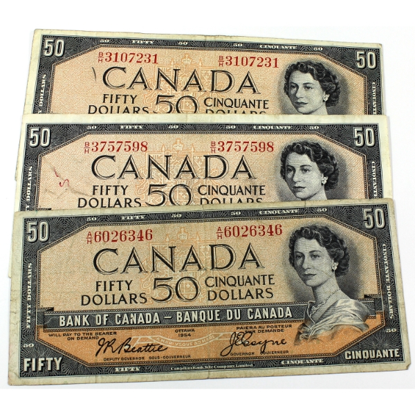 BC-42a & BC-42b 1954 $50 Modified Portrait Ungraded Beattie-Coyne & Beattie-Rasminsky. 3pcs.