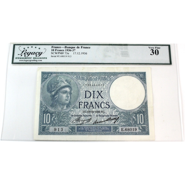 France 1936-37 Banque de France 10 Francs Pick#73e Legacy VF30 17.12.1936, SN: E.68019