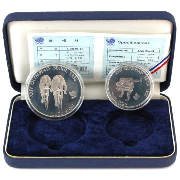 South Korea 1988 5000 & 10000 Won Commemorative XXIV Olympiad Seoul Sterling Silver 2-Coin Set