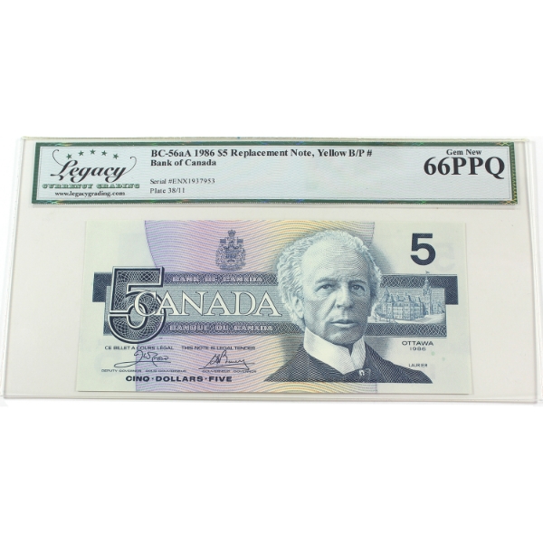BC-56aA 1986 $5 ENX Replacement Yellow BP# Legacy GEM UNC66 PPQ Crow-Bouey SN: ENX1937953