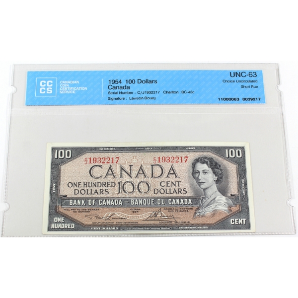 BC-43c 1954 $100 Short Run CCCS CUNC63 Lawson-Bouey SN: C/J1932217