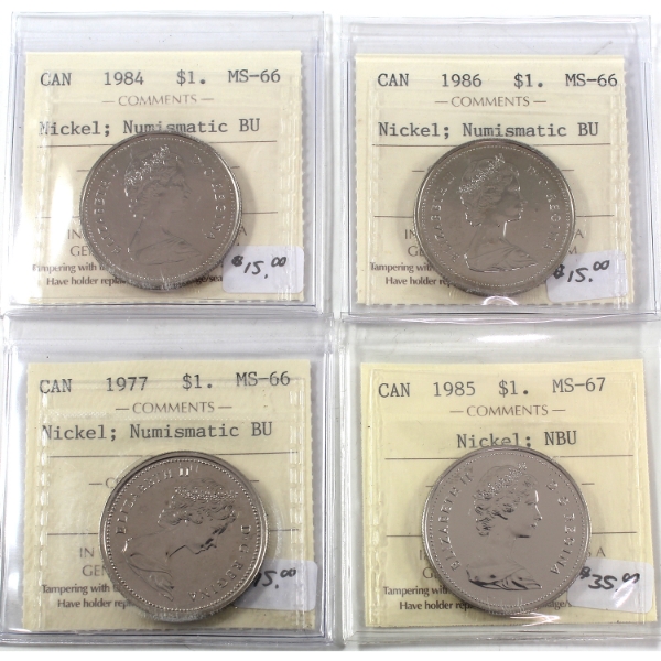 Nickel $1 1977, 1984, 1985 & 1986 ICCS MS66 to MS67 NBU. 4pcs