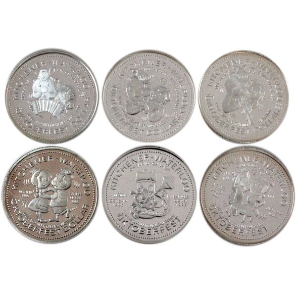 Group Lot of 1982, 1983, 1984, 1985, 1986 & 1995 .999 Fine Silver Oktoberfest Tokens. 6pcs. 