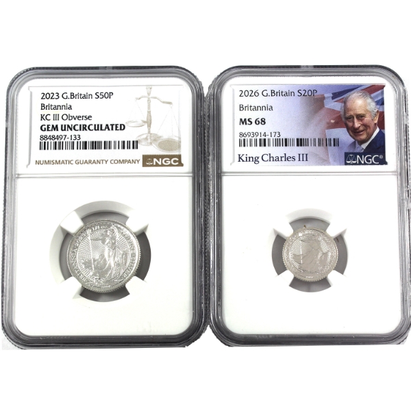0.35oz Lot Total! Great Britain 2023 & 2026 Britannia Fractional .999 Fine Silver Rounds NGC Graded