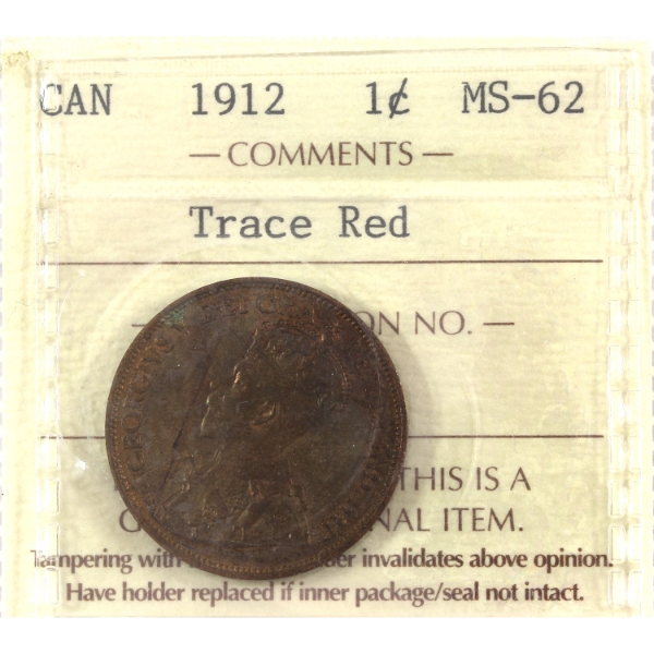 1-cent 1912 ICCS MS62 Trace Red