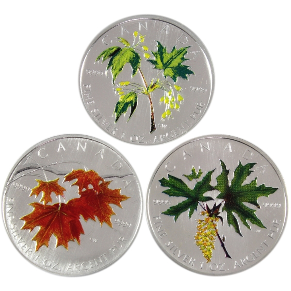 Group Lot of 2003, 2005, & 2007 $5 Coloured SML .9999 Fine Silver Coins. 3pcs. (Tax Exempt)