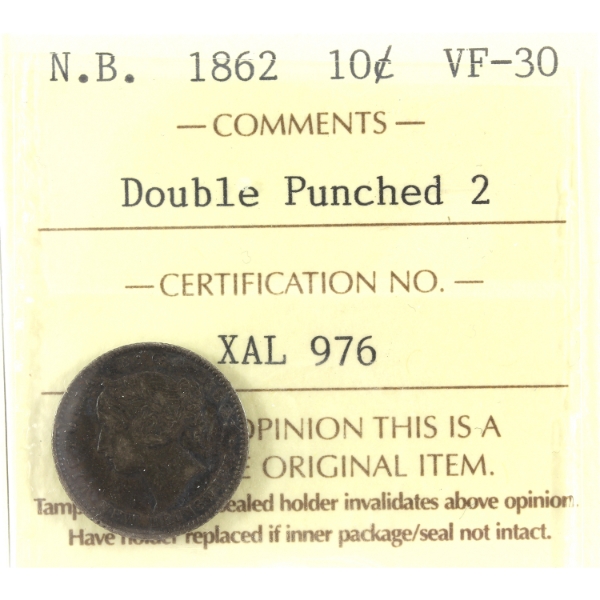 New Brunswick 10-cent 1862 Double Punched 2 ICCS VF30