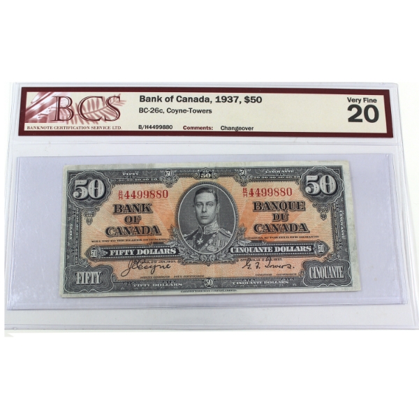 BC-26c 1937 $50 BCS VF20 Coyne-Towers Changeover SN: B/H4499880