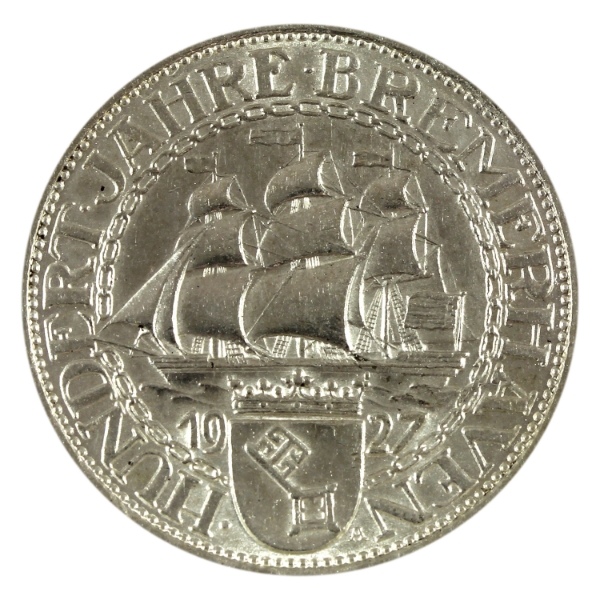 Germany-Weimar Republic Silver 1927A 3 Reichsmark 100th Ann. Bremerhaven UNC+