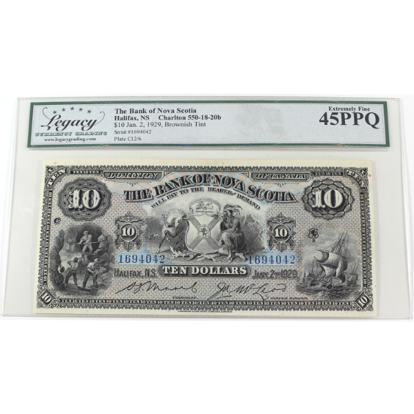 550-18-20b 1929 $10 Bank of Nova Scotia Legacy EF45 PPQ Moore-McLeod Brownish Tint SN: 1694042