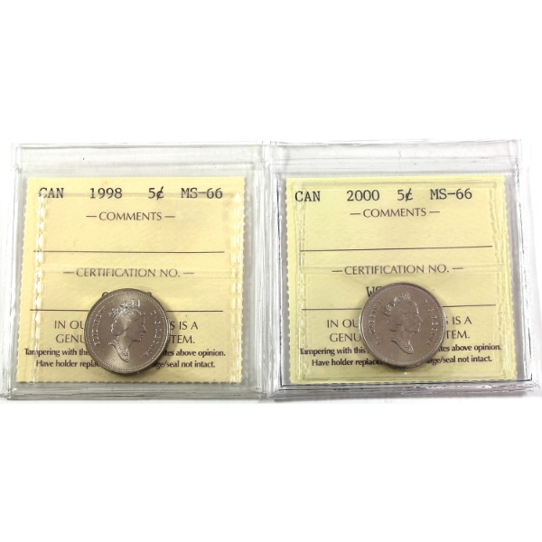 5-cent 1998 & 2000 ICCS MS66. 2pcs.