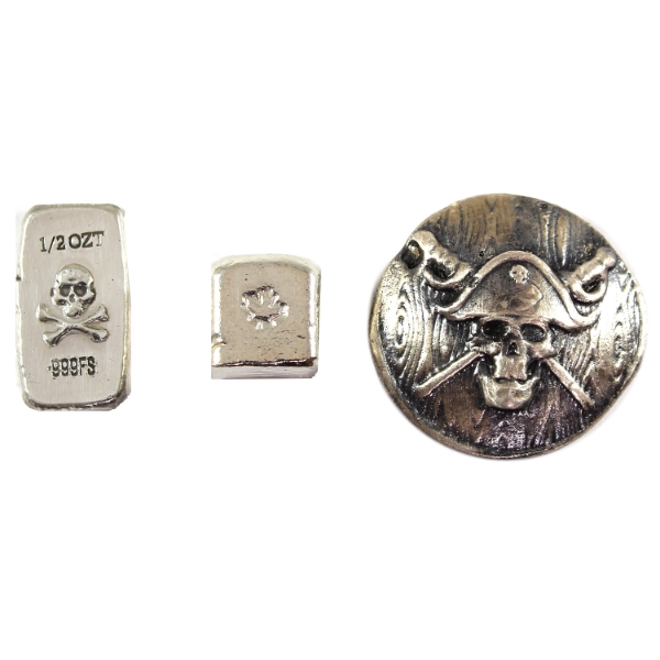 3.5oz Lot Total! 2oz Beaver Bullion Pirate Skull, 1oz Cube, & 1/2oz RSSC Skull & Crossbones Bar
