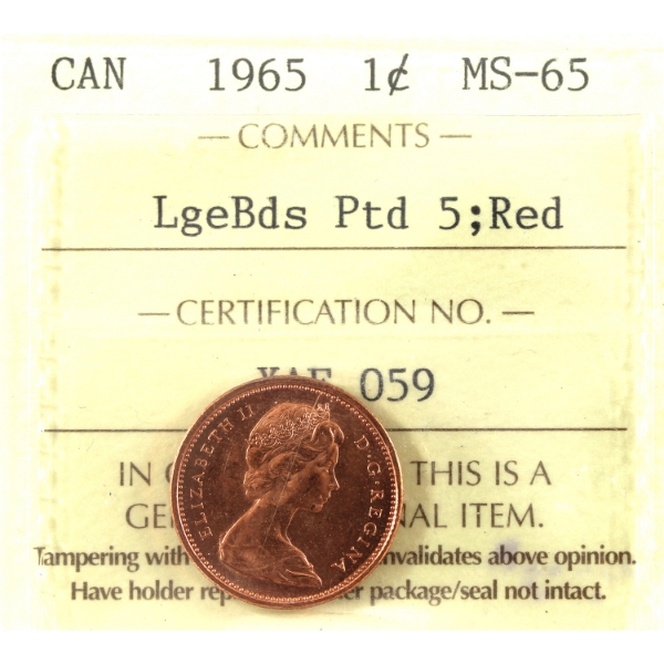 1-cent 1965 LB P5 ICCS MS65 Red