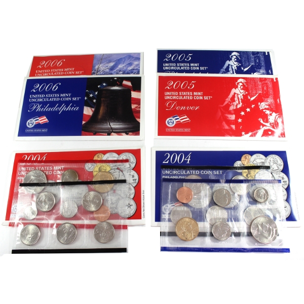 USA 2004, 2005 & 2006 Uncirculated Coin Set Denver & Philadelphia. 3 Sets