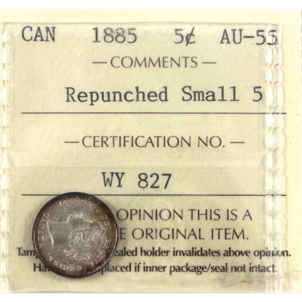 5-cent 1885 Repunched Small 5 ICCS AU55