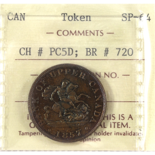 BR-720, CH-PC-5D 1857 Bank of Upper Canada Half Penny Token ICCS SP64