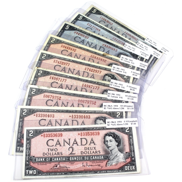 Group Lot of 9x 1954 $2 & $5 F-VF to VF-EF. 9pcs