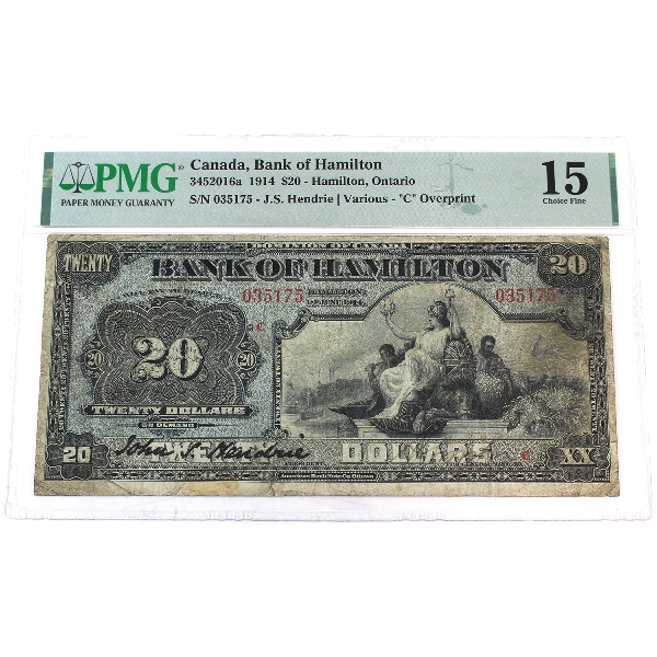 345-20-16a 1914 $20 Bank of Hamilton PMG F15 Hendrie-Various SN: 035175 'C' Overprint