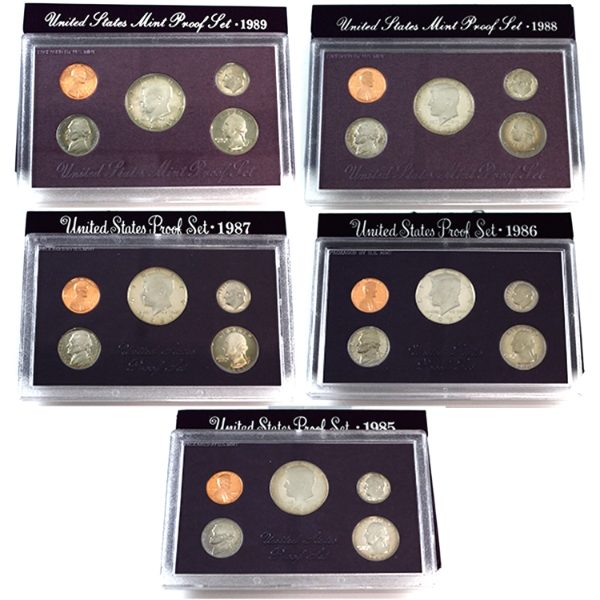 USA 1985-1989 United States Proof Sets. 5pcs.