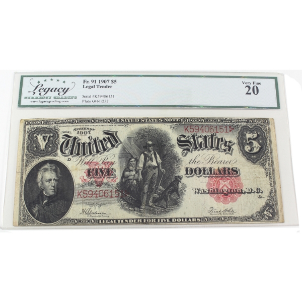 USA 1907 FR-91 $5 Legacy VF20 Speelman-White SN:K59406151