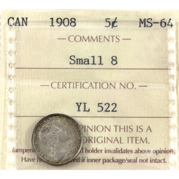 5-cent 1908 Small 8 ICCS MS64