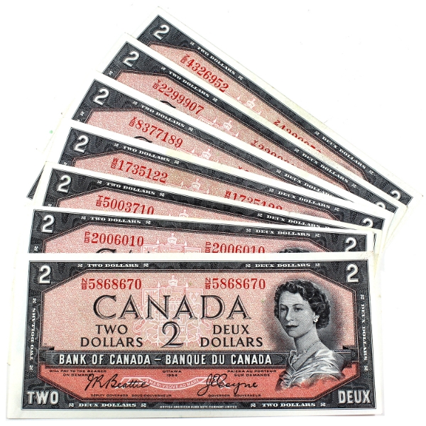 Interesting set of 1954 $2 Canada Notes N/B to Z/B, all different prefix letters. Uncirculated. 8pcs