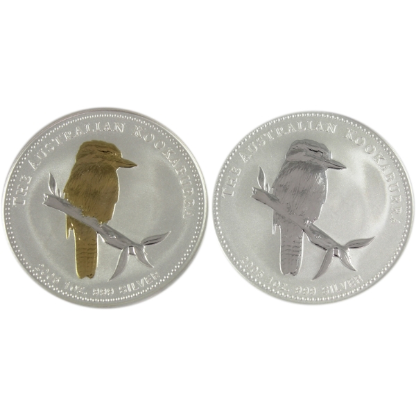 2x 1oz Australia 2005 $1 Kookaburra Gilded & Regular .999 Fine Silver. 2pcs (Tax Exempt)