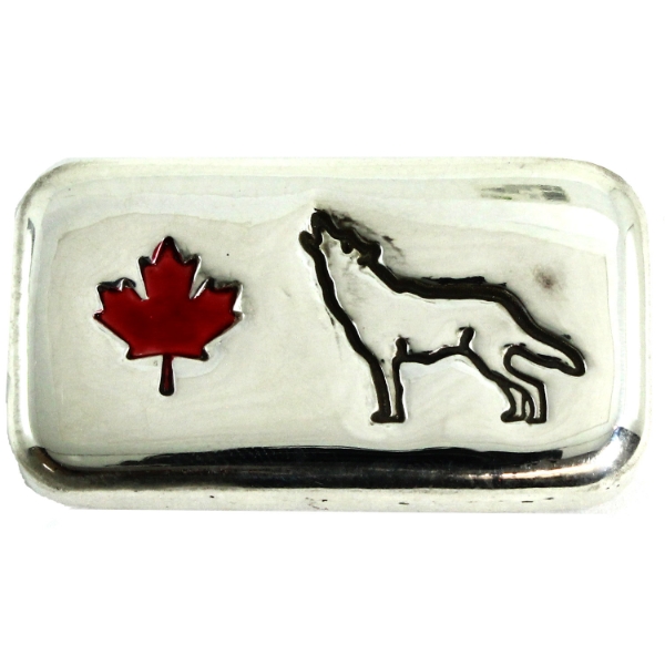 3oz Rocky Shore Silver Co. Wolf w/ Enameled Red Maple Leaf .999 Fine Silver Bar (Tax Exempt)
