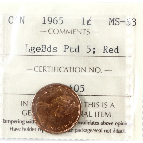 1-cent 1965 LB Pointed 5 ICCS MS63 Red