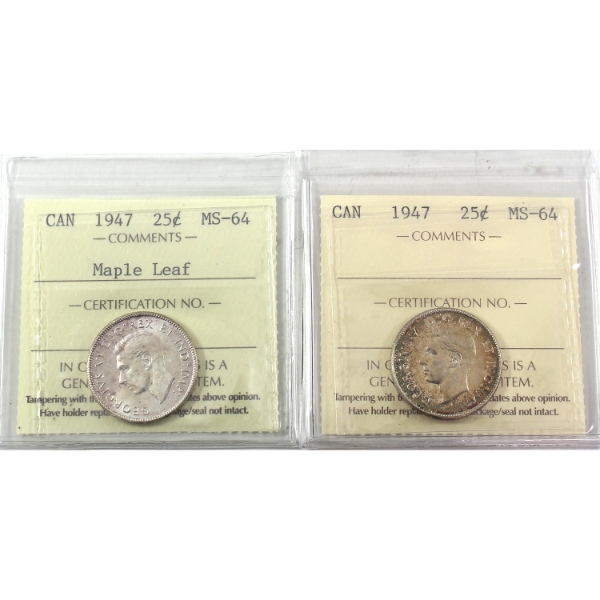 25-cent 1947 & 1947 Maple Leaf ICCS MS64. 2pcs.