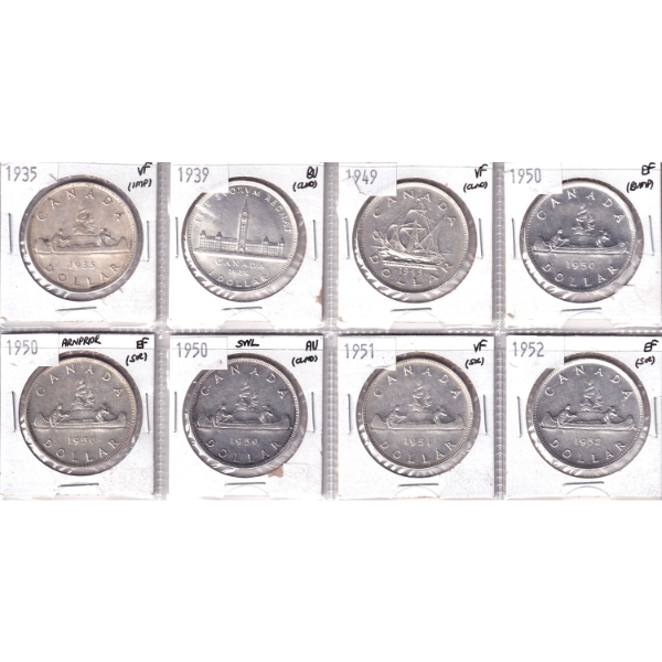 Bulk Collection of Silver $1 1935-1952 VF to BU in 8-Pocket Sheet. 8pcs.