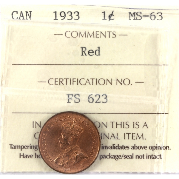 1-cent 1933 ICCS MS63 Red