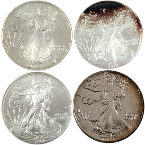 4x 1oz USA 1989, 2002, 2005 & 2009 $1 Silver Eagle .999 Fine Silver Coins. 4pcs (Tax Exempt)