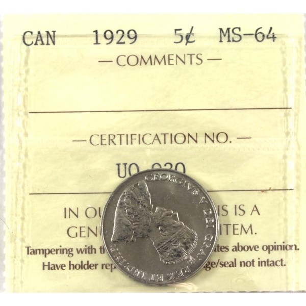 5-cent 1929 ICCS MS64
