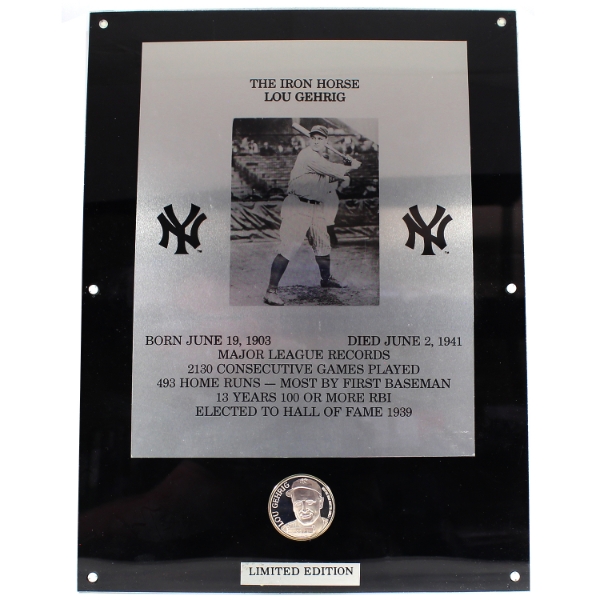 Lou Gehrig The Iron Horse Limited Edition 1oz .999 Fine Silver Coin Encased in Commemorative Plaque