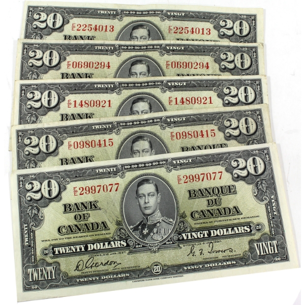 5x BC-25b 1937 $20 VF-EF Non-Consecutive Gordon-Towers E/E Prefix. 5pcs.