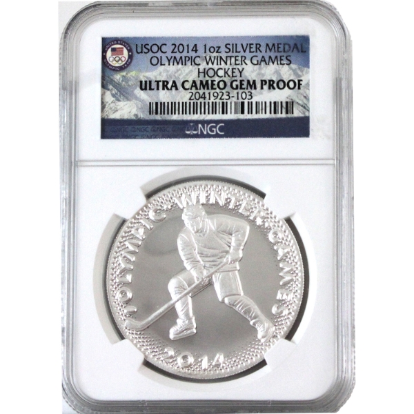 USA 2014 Olympic Winter Games Hockey 1oz Fine Silver Medal NGC GEM Proof Ultra Cameo (Tax Exempt)