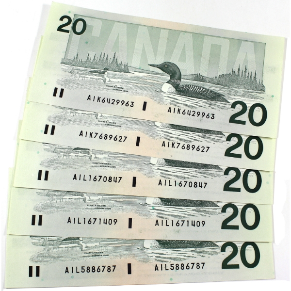 BC-58a-ii 1991 $20 AIK & AIL Prefixes UNC or Better Thiessen-Crow. 5pcs.