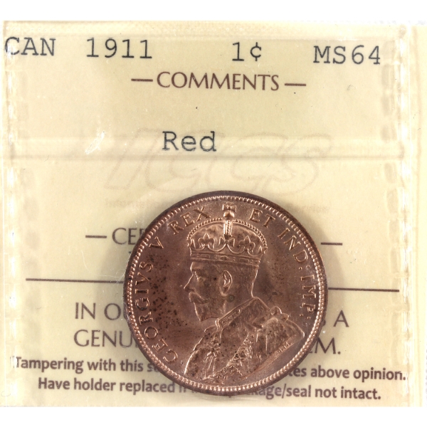 1-cent 1911 ICCS MS64 Red