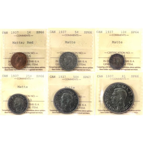 1937 Specimen Set Matte ICCS SP64 to SP67 6-Coin Set w/ Original Box. 