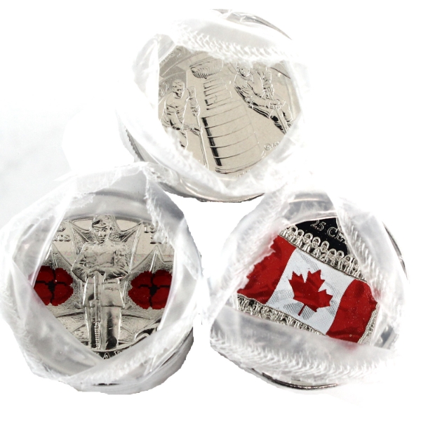 25-cent 2010 Coloured Poppy, 2015 Coloured Flag & 2017 Stanley Cup Original Rolls of 40pcs. 3 rolls