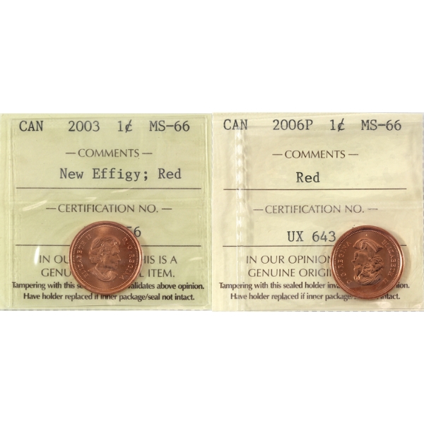 1-cent 2003 New Effigy & 2006P Magnetic ICCS MS66 Red. 2pcs.