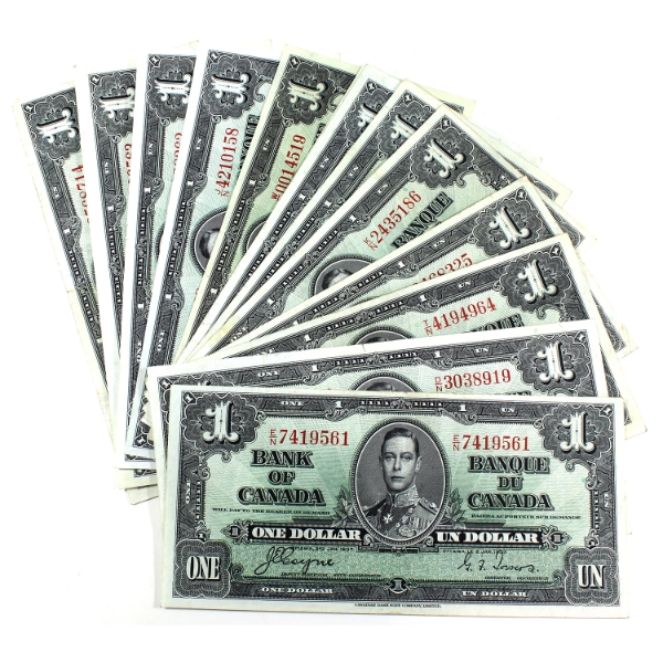 Group Lot of 13x 1937 $1 Bank of Canada Notes. 13pcs