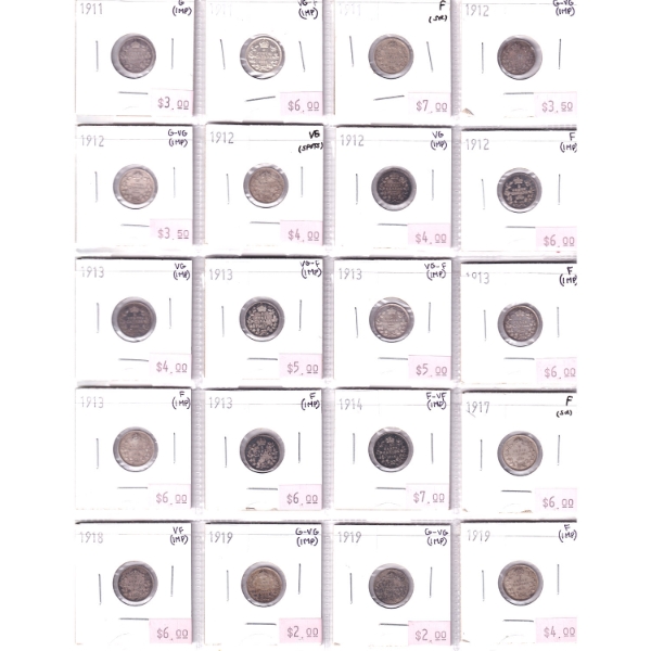 5-cent 1911-1919 Bulk Collection in 20-Pocket Sheet G to VF. 20pcs
