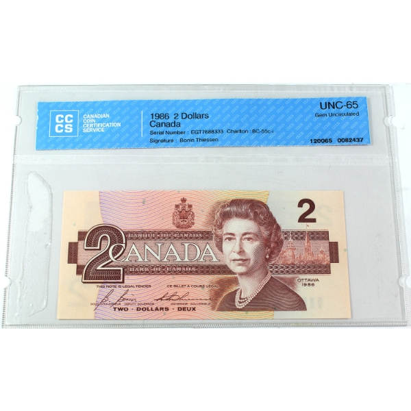BC-55c-i 1986 $2 CCCS GEM UNC65 Bonin-Thiessen SN: EGT7688333