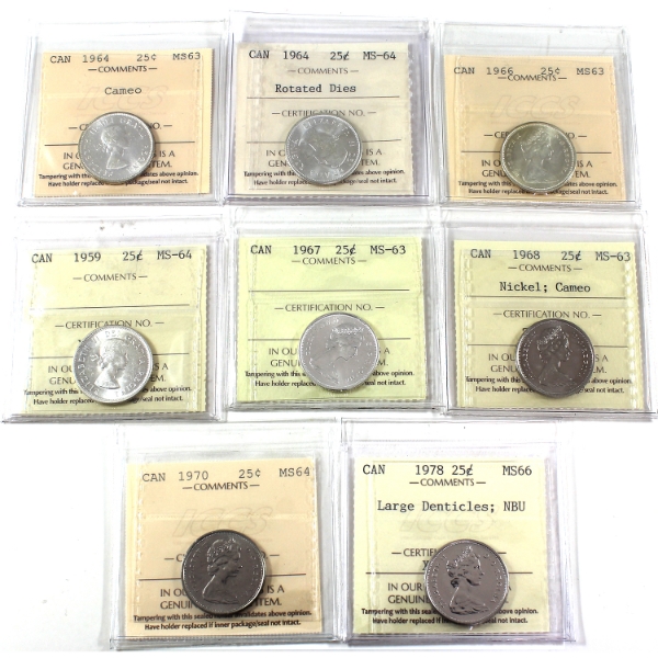 25-cent 1959-1978 ICCS MS63 to MS66. 8pcs.