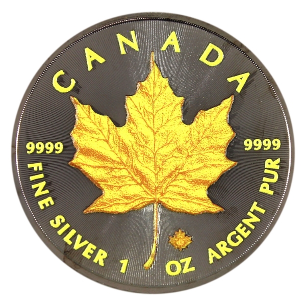 1oz 2016 $5 Silver Maple Leaf .999 Fine Silver Coin w/ Ruthenium Finish & Selective Yellow Colouring