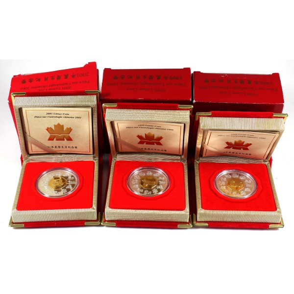 1998-2001 $15 Sterling Silver Lunar Coins w/ Gold Plated Cameos. 3pcs