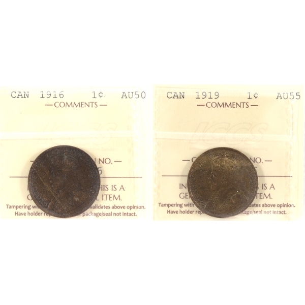 1-cent 1916 AU50 & 1919 AU55 ICCS. 2pcs